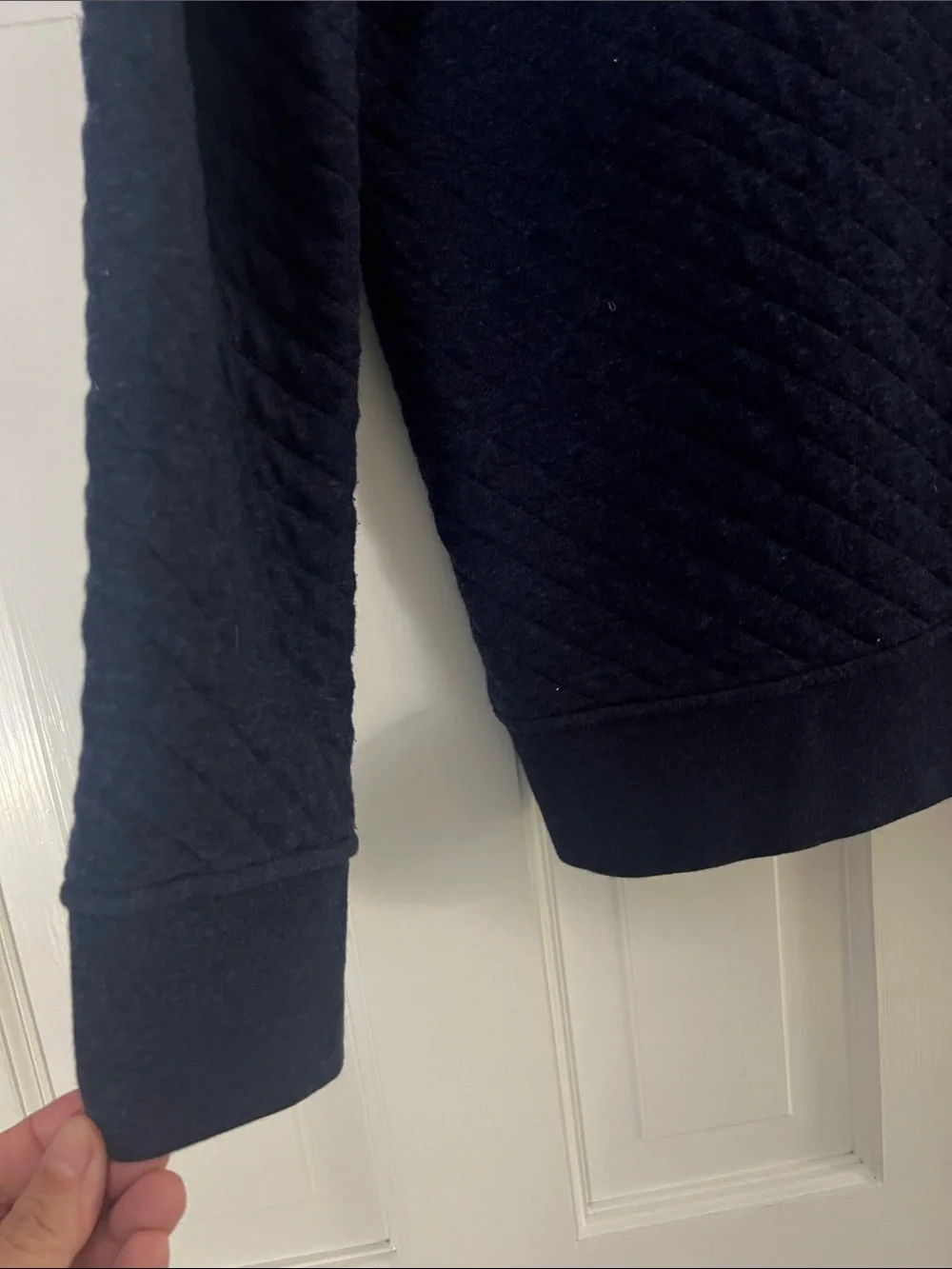 Patagonia Men’s Navy Quilted Crewneck Pullover with Magenta Accents